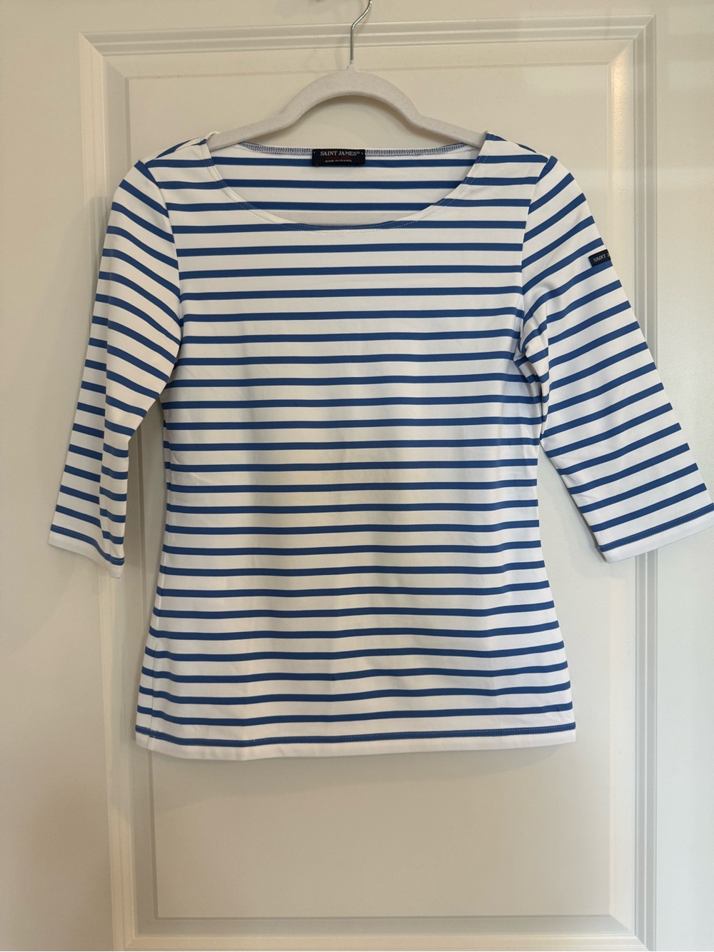 Saint James Blue & White Breton Stripe Boatneck 3/4 Sleeve Top